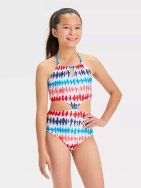 NEW Girls' Tie-Dye Design Beachy Striped One Piece Swimsuit - art class, XL 14.